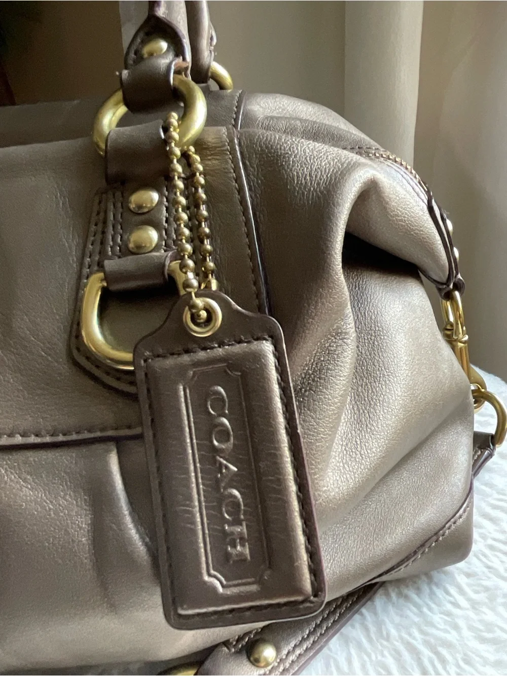 Coach Metallic Taupe Leather Satchel with Gold Hardware